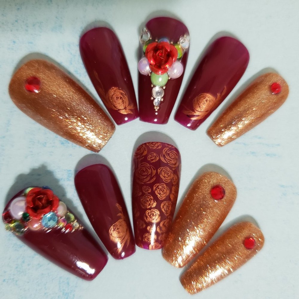 Medium Coffin Gel Press on Nails " Red Wine "